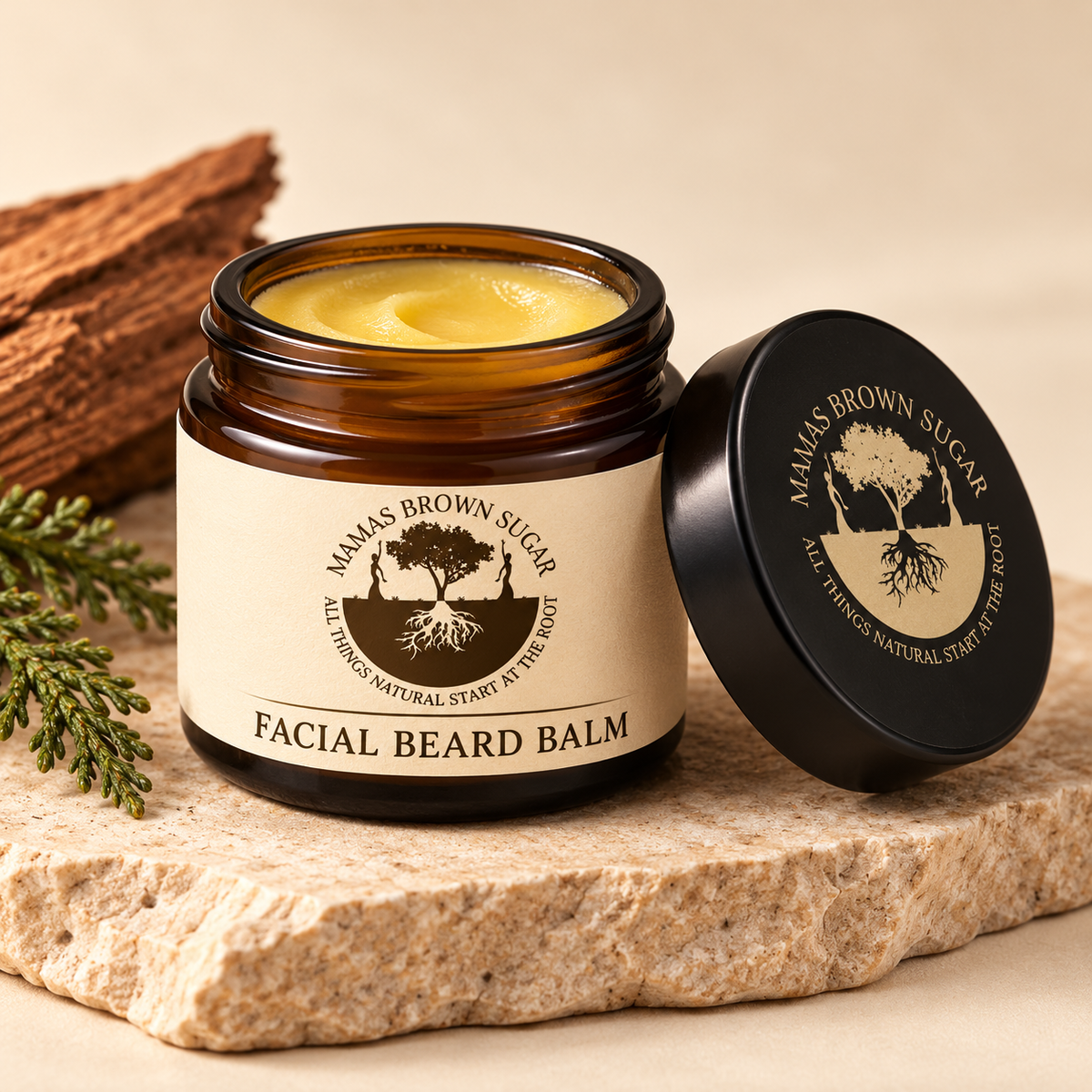 Facial Beard Balm with updated Mamas Brown Sugar luxury packaging