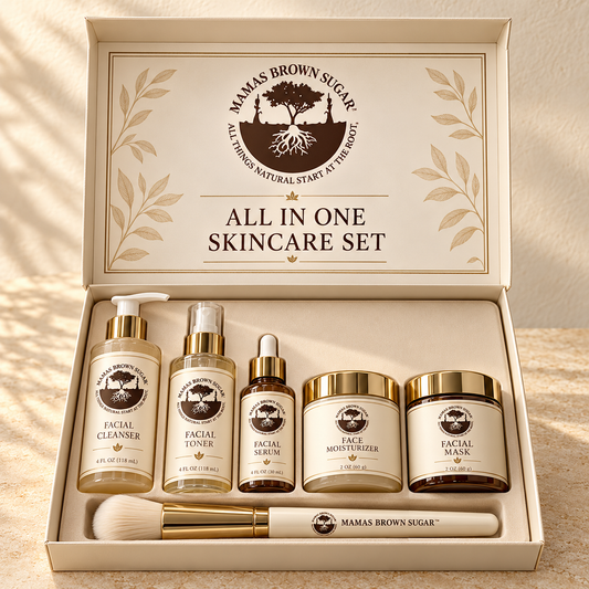 All In One Skincare Set with updated Mamas Brown Sugar luxury packaging