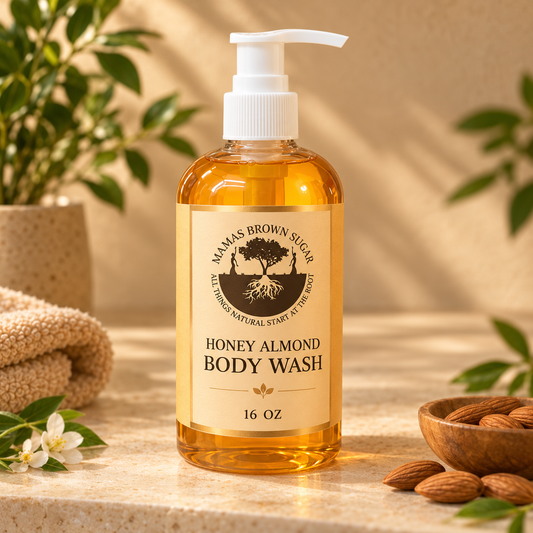 Honey Almond Body Wash with updated Mamas Brown Sugar luxury packaging
