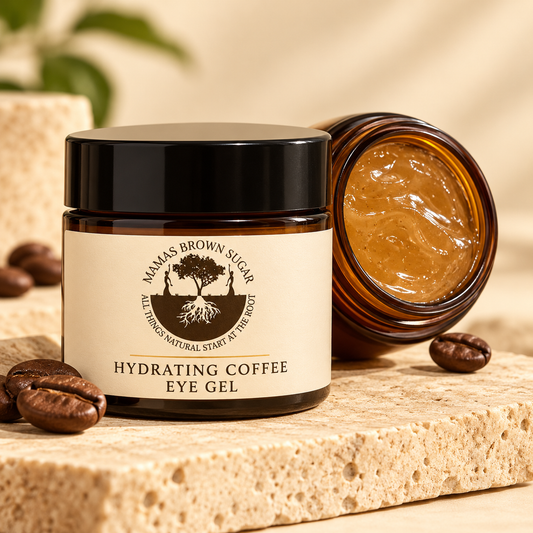 Mamas Brown Sugar Hydrating Coffee Eye Gel in amber jar