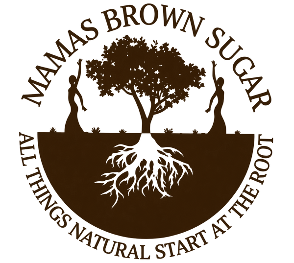 Mamas Brown Sugar tree and roots logo with the tagline All Things Natural Start at the Root